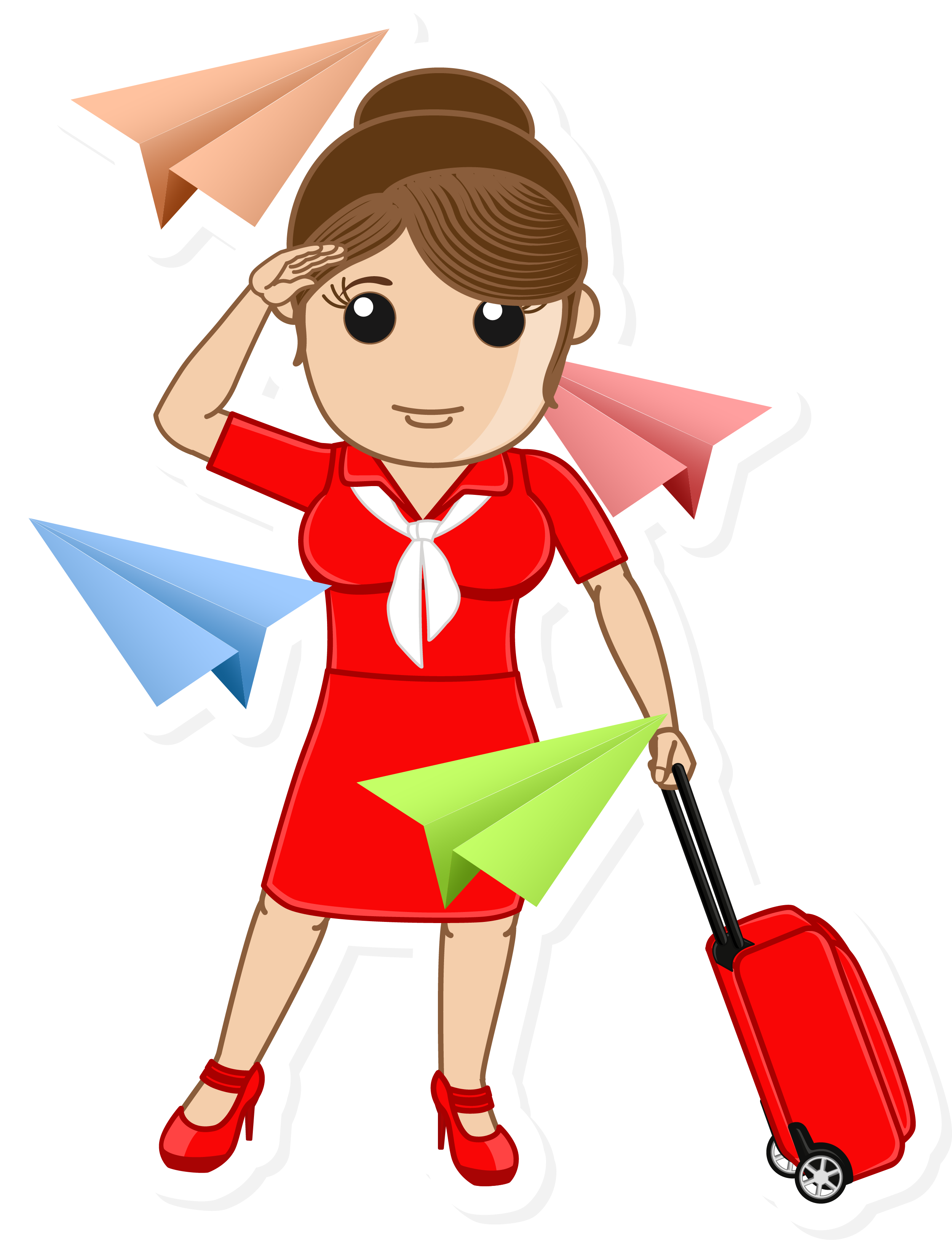 Ready for Trip Going on Vacation International Journey Airhostess with Luggage Bag Colorful Paper Planes PNG Clipart